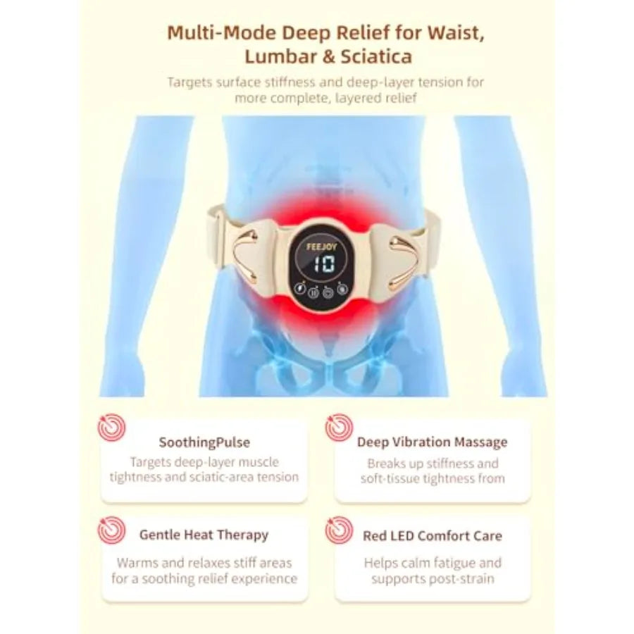 4-in-1 Smart Lower Back Massager with Heat Pulse Vibration Light Wearable Waist Lumbar Sciatica Pain Relief Device for Long Sit
