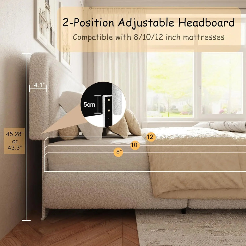 Upholstered Platform Bed Adjustable Headboard Rounded Corners Noise Free Easy Assembly White, Customized