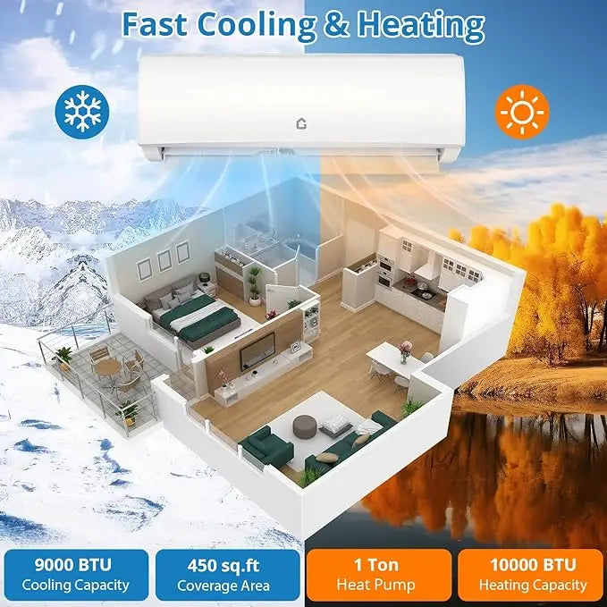 9000 BTU Mini Split Air Conditioner Heat Pump System, WiFi Enabled 20 Seer2 208V/230V Ductless Cooling up to 450 S q. Ft,Kit