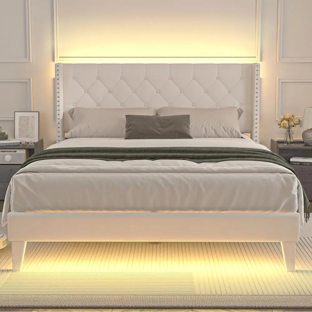 Queen Size Velvet Upholstered Platform Bed with LED Lights, Button-Tufted Wingback Headboard, Wooden Slat Support, No Box Spring