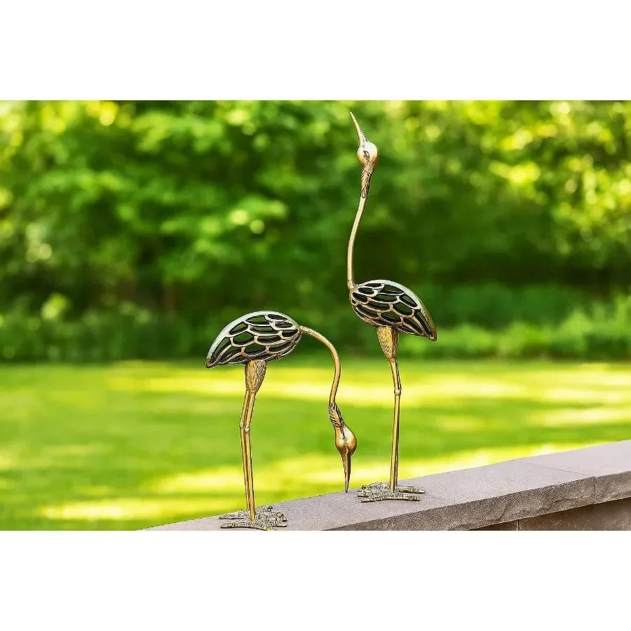 Cast Iron Metal Crane/Heron Bird Garden Sculptures Statues for Indoor or Outdoor Lawn Decor Rustic Bronze Set of 2