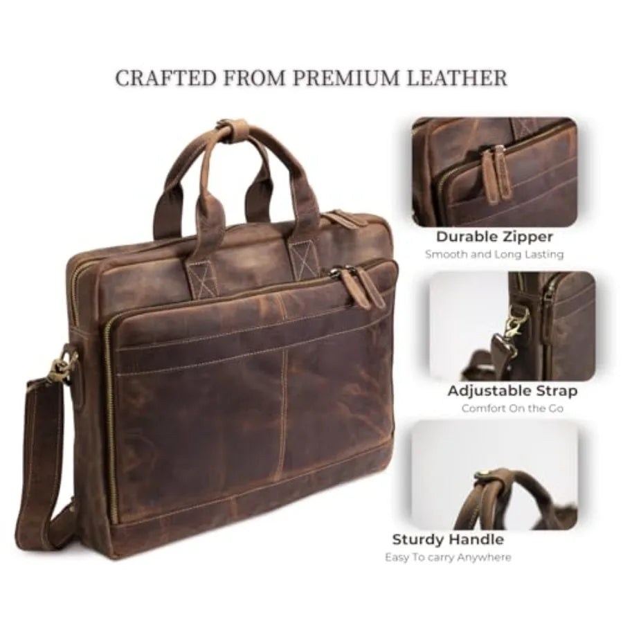 Leather Messenger Bag for Men - Laptop Case Office Briefcase Computer Satchel for Laptops in Brown with Premium Leather Materia