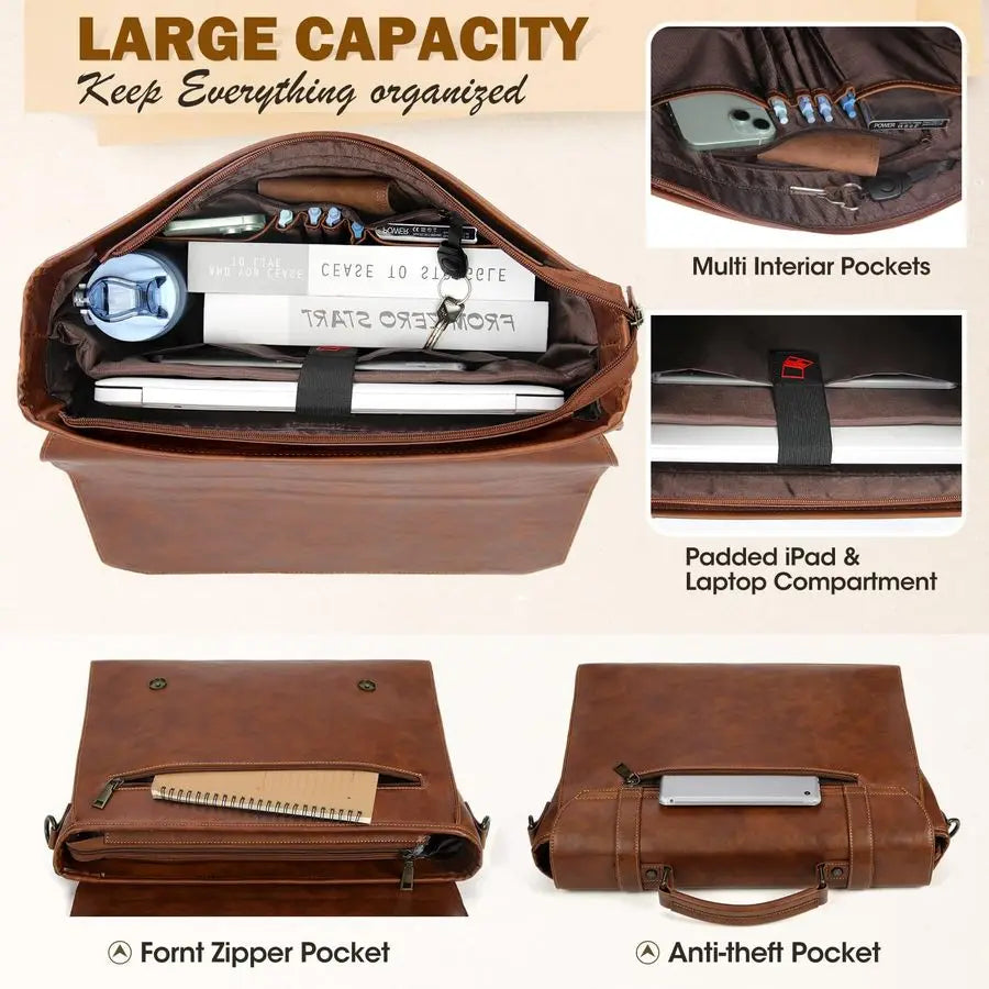 Mens Messenger Bag 17 Inch Waterproof Vintage Leather Laptop Briefcase Large Laptop Bag Satchel Bag Computer Shoulder Bag for Of