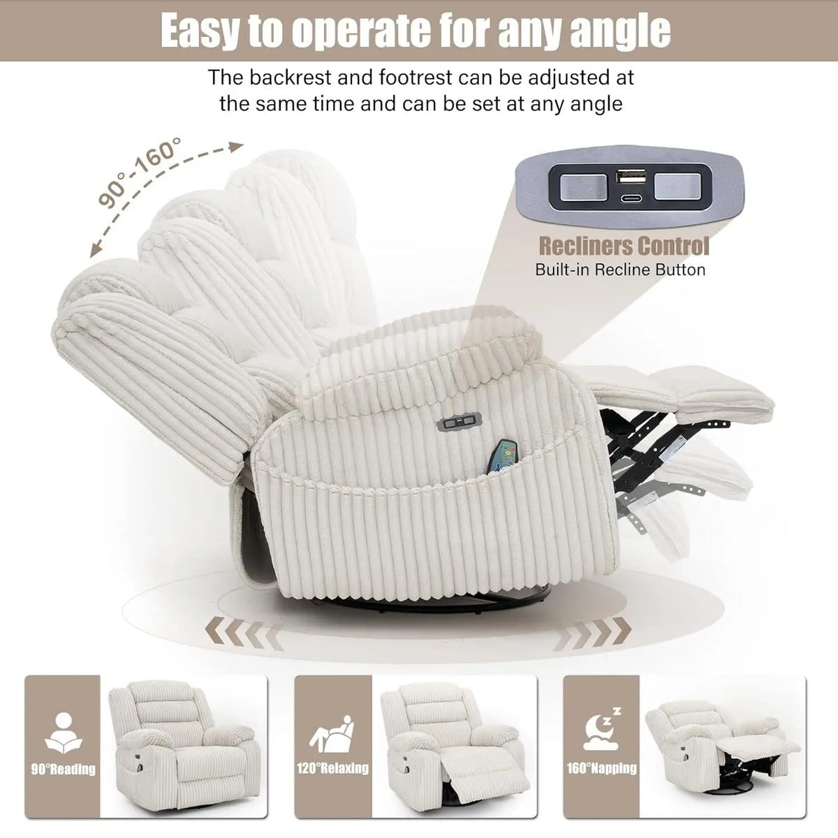 Power Swivel Rocker Recliner Chair for Adults with Massage and Heat, USB and Type-C Charging Port, Infinite, Customized