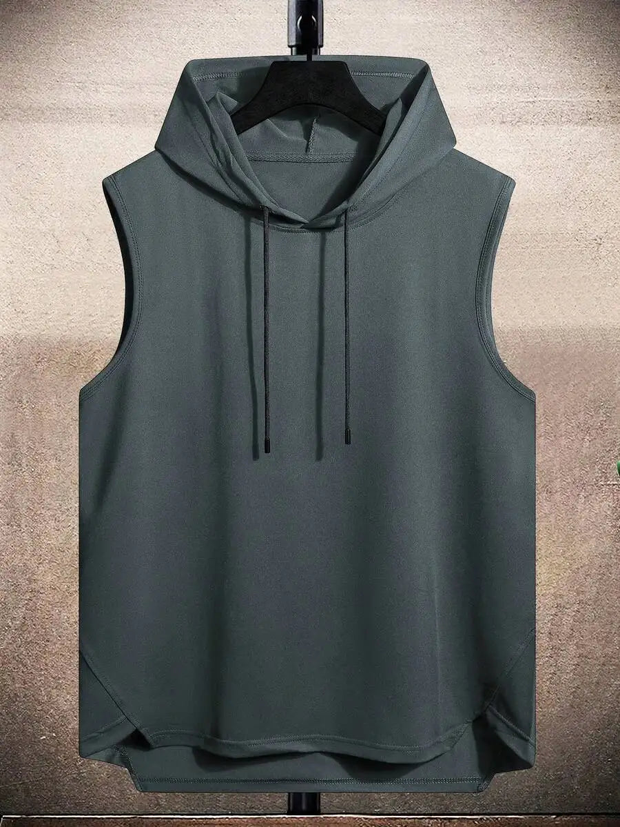 Men's Black Sleeveless Hooded Tank Top with Drawstring and High-Low Hem