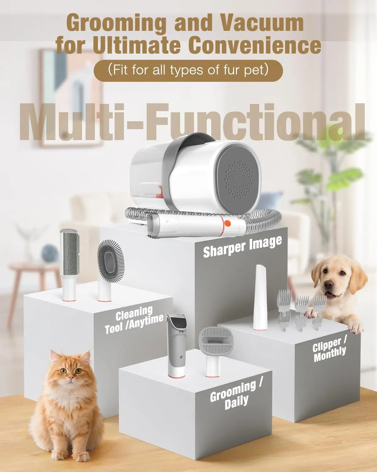 5-in-1 Pet Grooming Vacuum Kit with Low Noise Trimmer, 2.5L Dust Cup, 3 Suction Modes & 5 Tools for Dogs, Cats