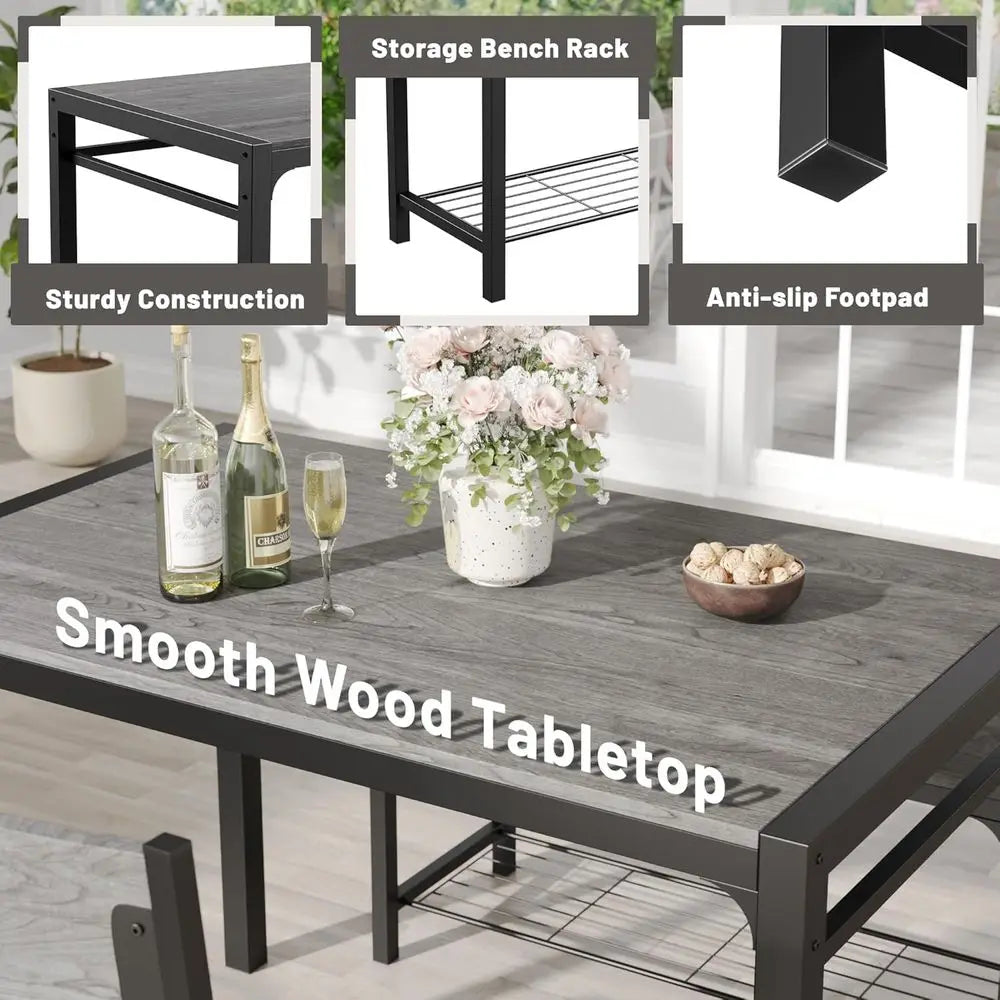 43.3 Grey Metal Dining Table Set with Bench and 2 Chairs for Small Spaces