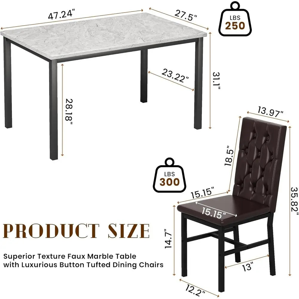Luxurious Button-Tufted 4-Piece Marble Kitchen Table Set with Brown Dining Chairs