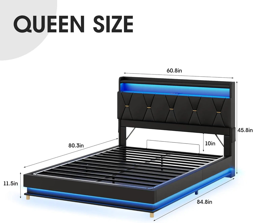 Queen Size Lift-Up Storage Bed Frame with LED Lights, Charging Station & Noise-Free Design