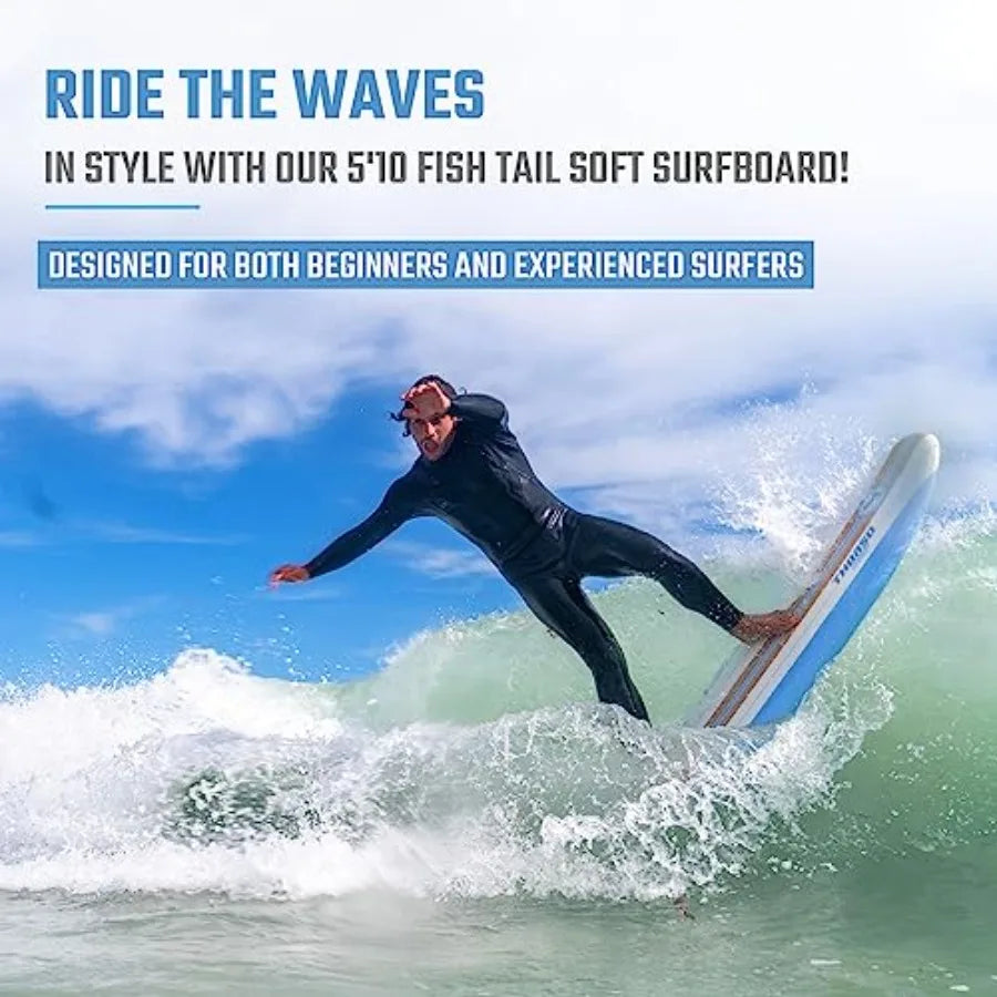 Lancer 5'10'' Soft Top Foam Surfboard Fish Surf board for and Adults Includes Twin Fins Double Swivel Leash EPS Core IXPE Deck