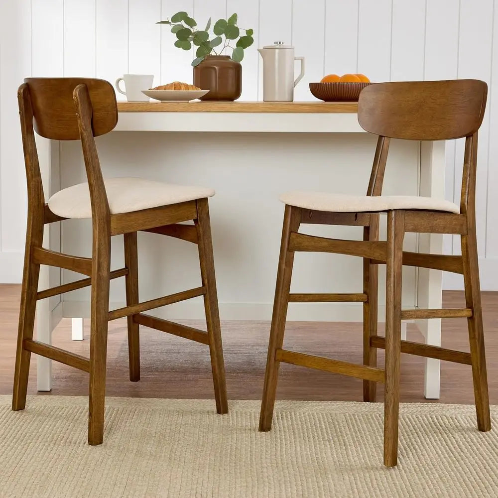 Upholstered Counter Height Stool Set of 2 with Wooden Curved Backrest, Walnut and Cream