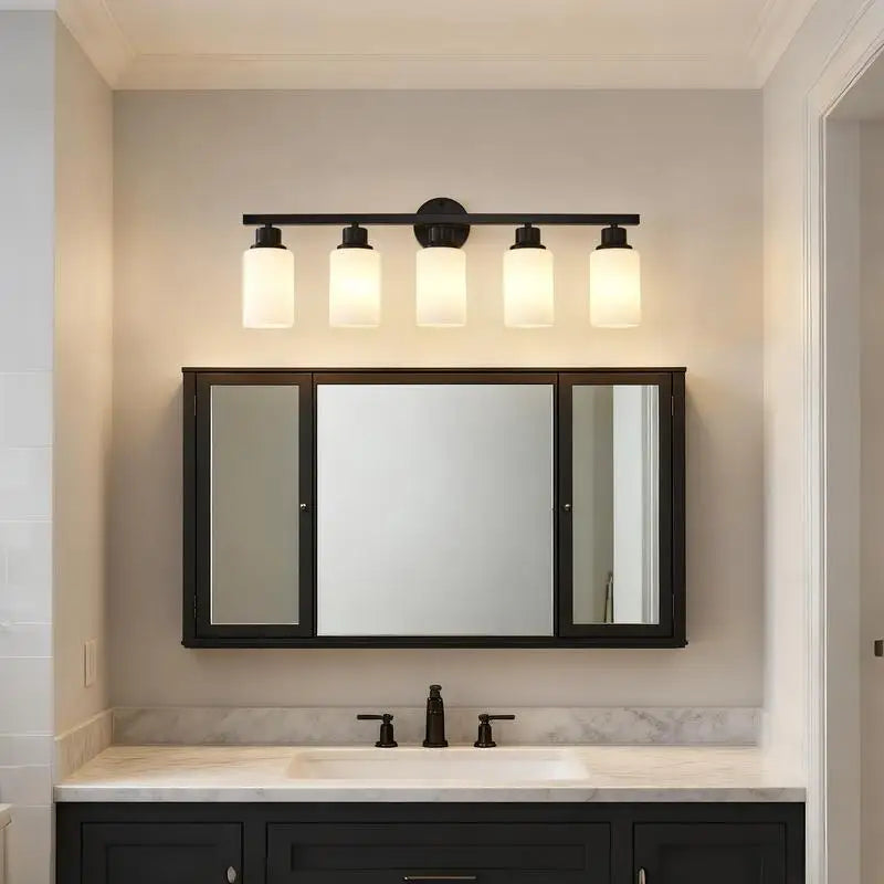 5-Light Matte Black Wall Sconces with White Glass Shades for Bedroom and Living Room Lighting