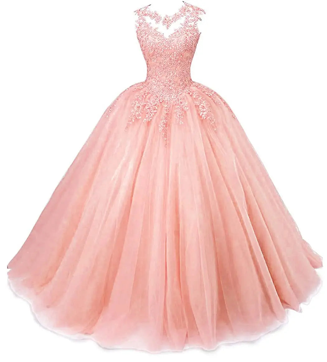 Women's Beaded Appliques Prom Dress Long Ball Gown Quinceanera Dresses Tulle Formal Sweet 16 Dress for Teens