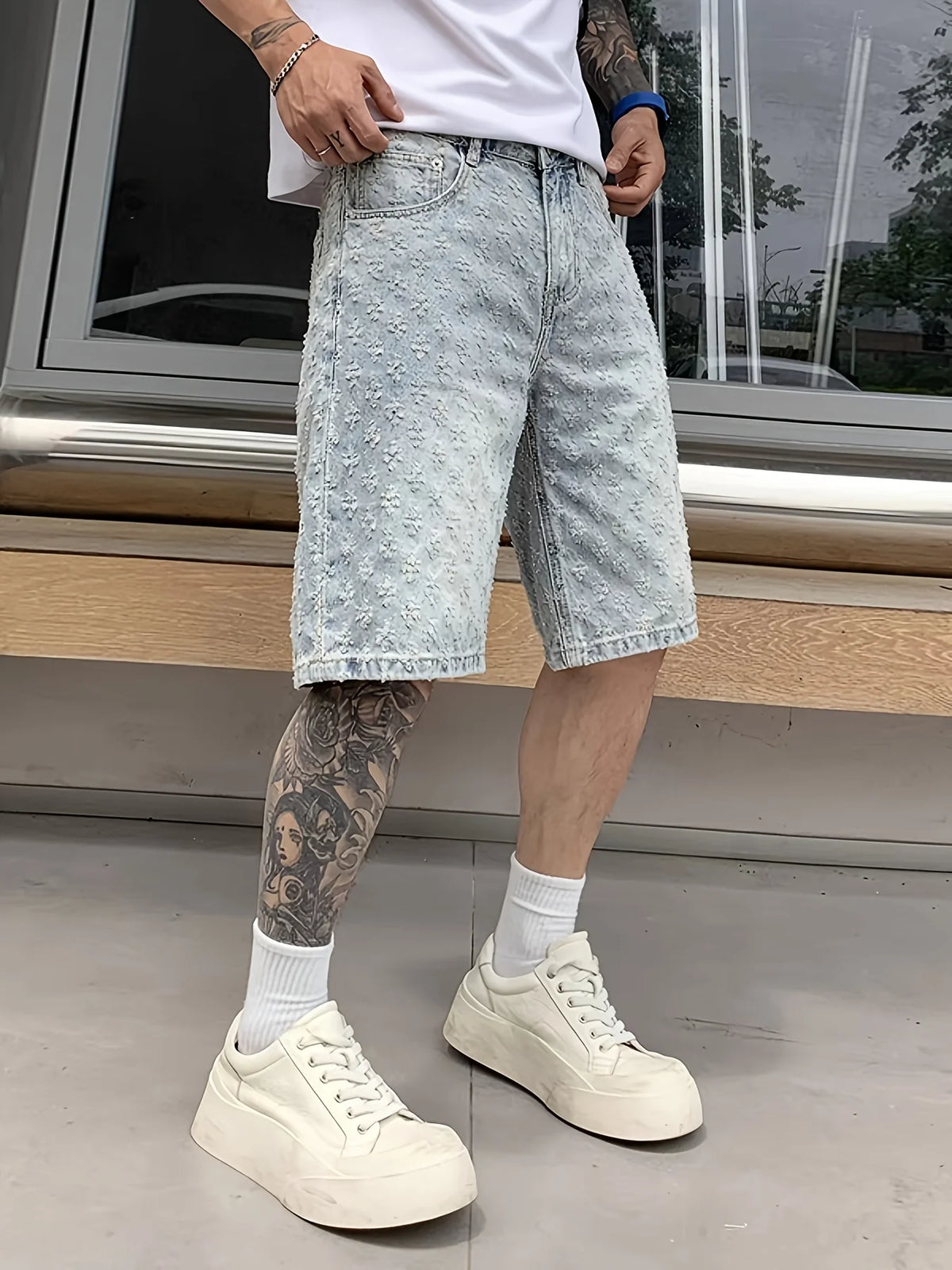 Vintage Summer 2025 American-Style Full-Print Jacquard Denim Shorts, Thin Design, Loose Trendy Brand Five-Point Pants