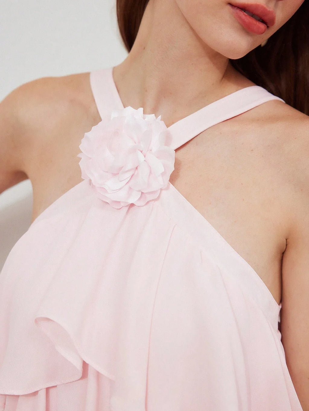 Pink Halter Neck Layered Ruffle Floral Detail Evening Dress