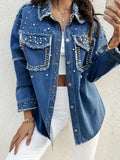 plus Size Women's Loose Denim Jacket with Rhinestone And Pearl Design Casual Washed Large Size Women's Denim Jacket