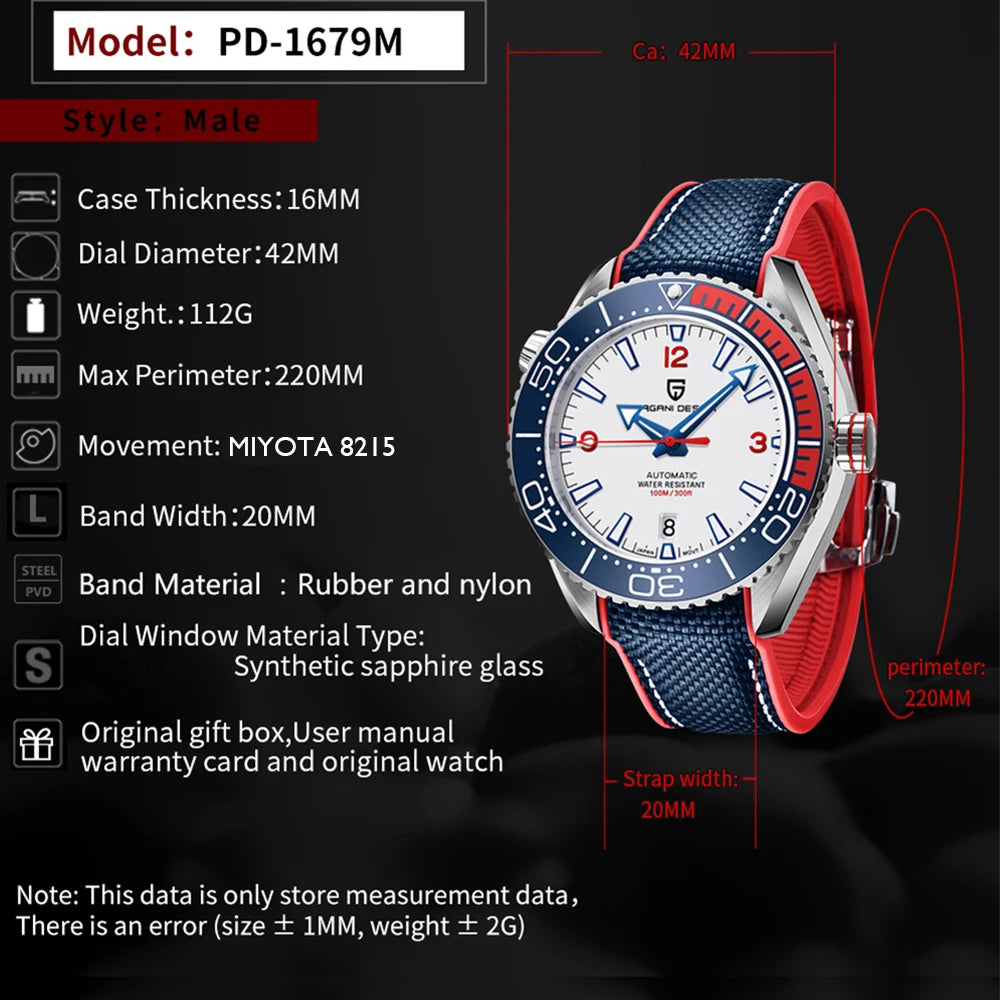 Top PAGANI DESIGN luxury watch mechanical automatic watch Diving rubber series sports watch Sapphire Luminous fashion Men'sWatch