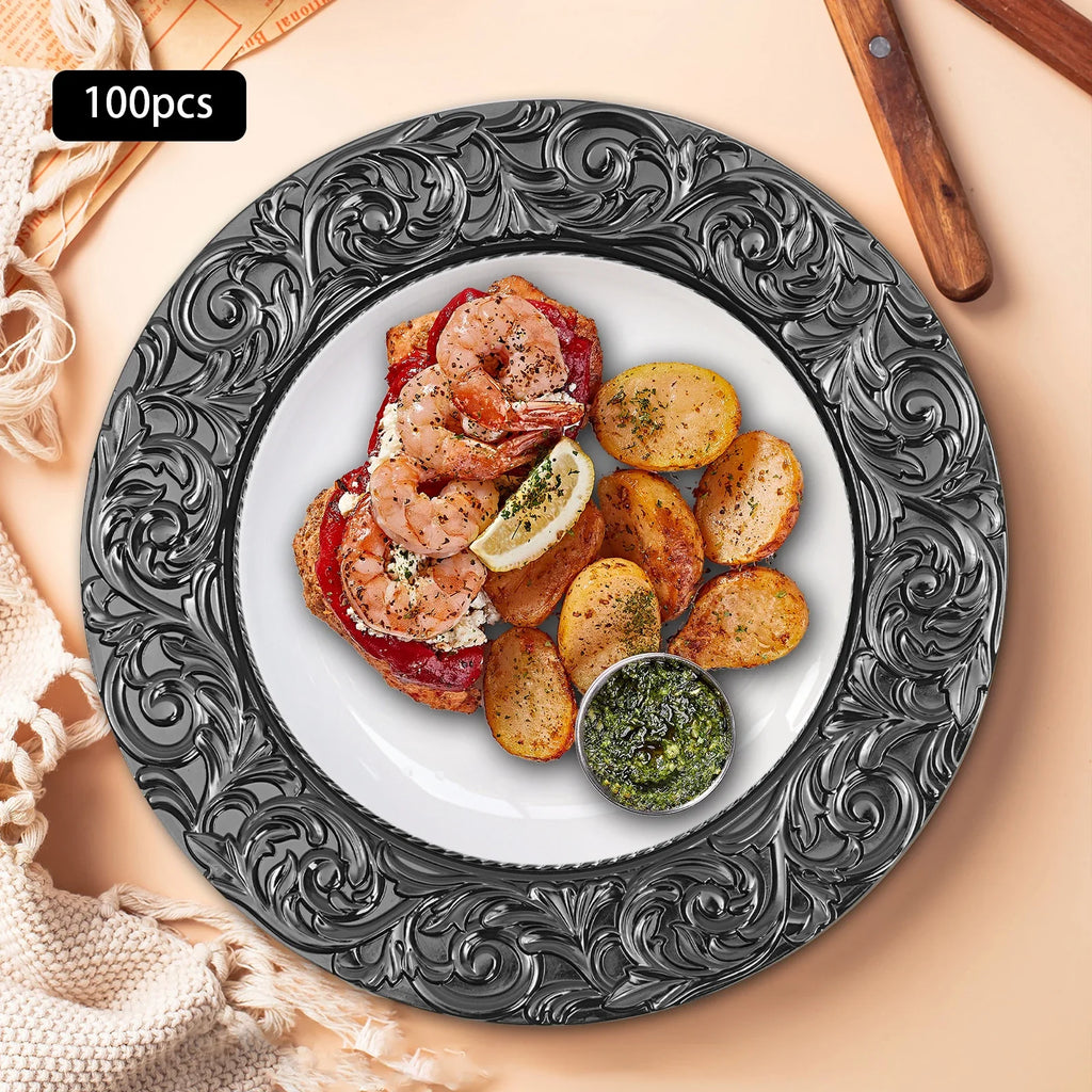 100 PCS Black Charger Plates Set Elegant Wedding Party Decor12.99 Inch Reusable Plastic Serving Trays for Table Setting Birthday