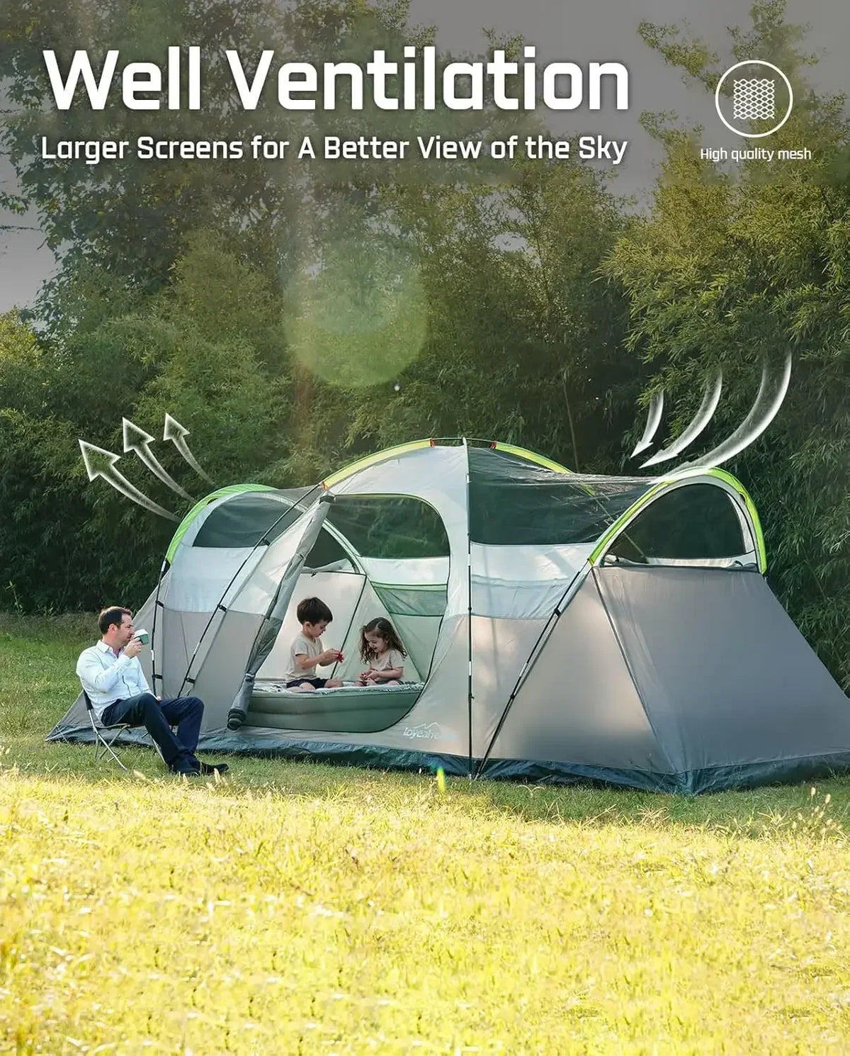 8 Person Larger Extended Dome Camping Tent with 3 Rooms, Waterproof Semi-Freestanding Family Outdoor Tent with Spacious Interior