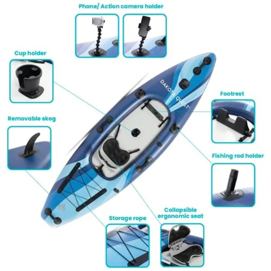 Sit-On-Top Inflatable Kayak Dakota Quest 68245EP Outdoor Recreational Fishing Kayak with Durable PVC Material in Blue for Easy