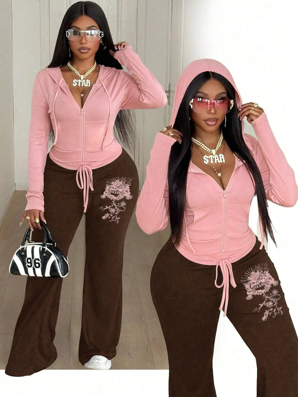 Pink Cropped Hooded Zip-Up Sweatshirt & Black Flare Pants 2-Piece Set with Graphic Embroidery