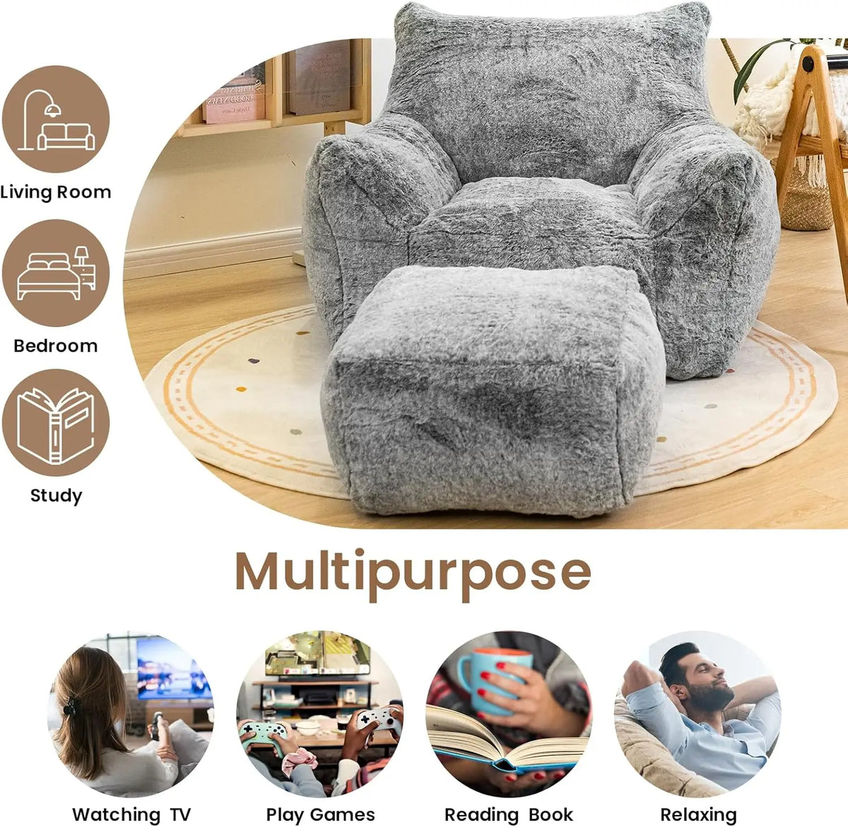 Limited-time offerBean Bag Chair with Ottoman, Armrest Bean Bag Chairs with Filler, Ultra Soft Fluffy Faux Fur Bean Bag Chair wi