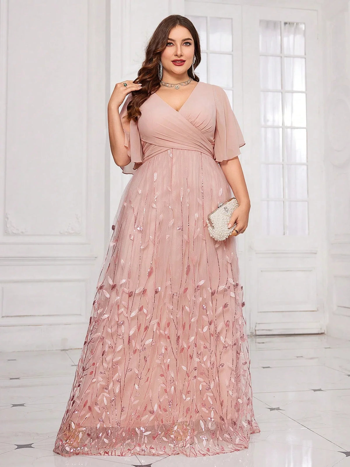 Plus Size V-Neck Flounce Sleeve Leaf Embroidered Mesh Evening Gown For Wedding Guest Prom