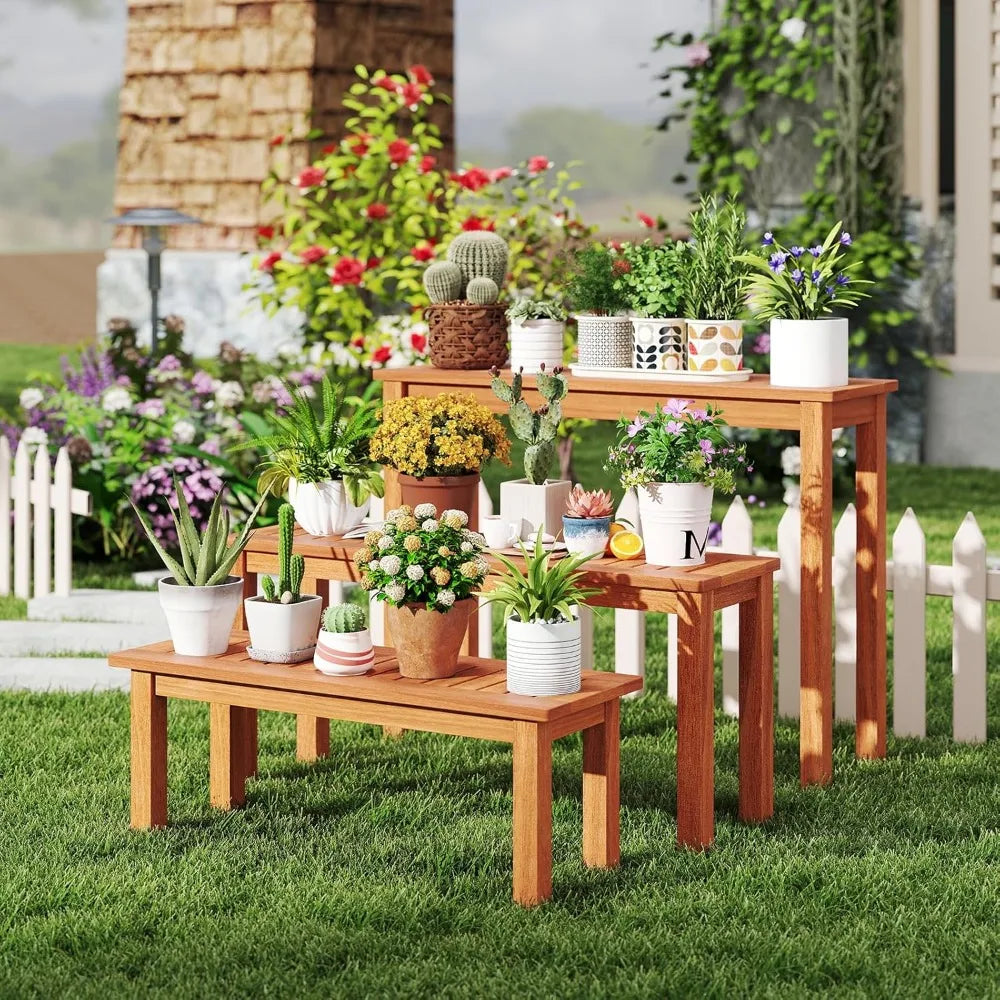 Wooden Plant Stand Set of 3, Outdoor Indoor Solid Wood Flower Pot Holder Display Shelf w/ Teak Oil Finish, Slatted Top, Rustic