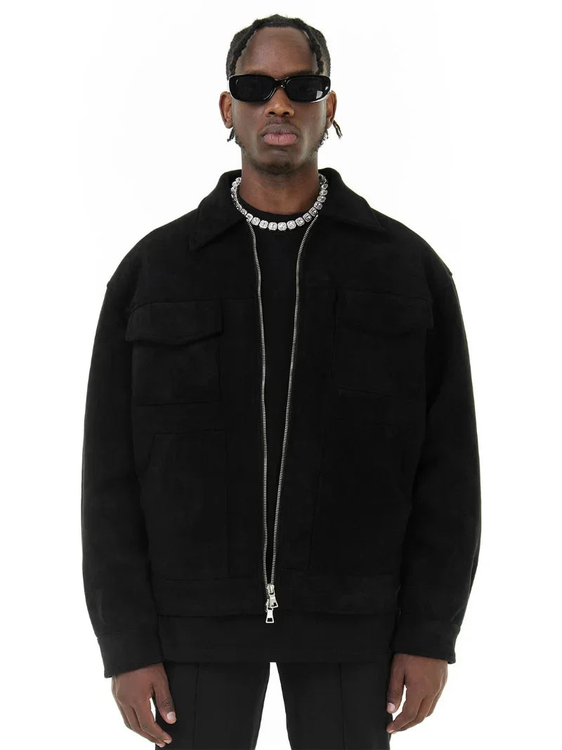 Autumn Jackets Oversize Casual Clothes High Street Pockets Laper Zipper Suede Thick Coat Mens Windbreaker Loose