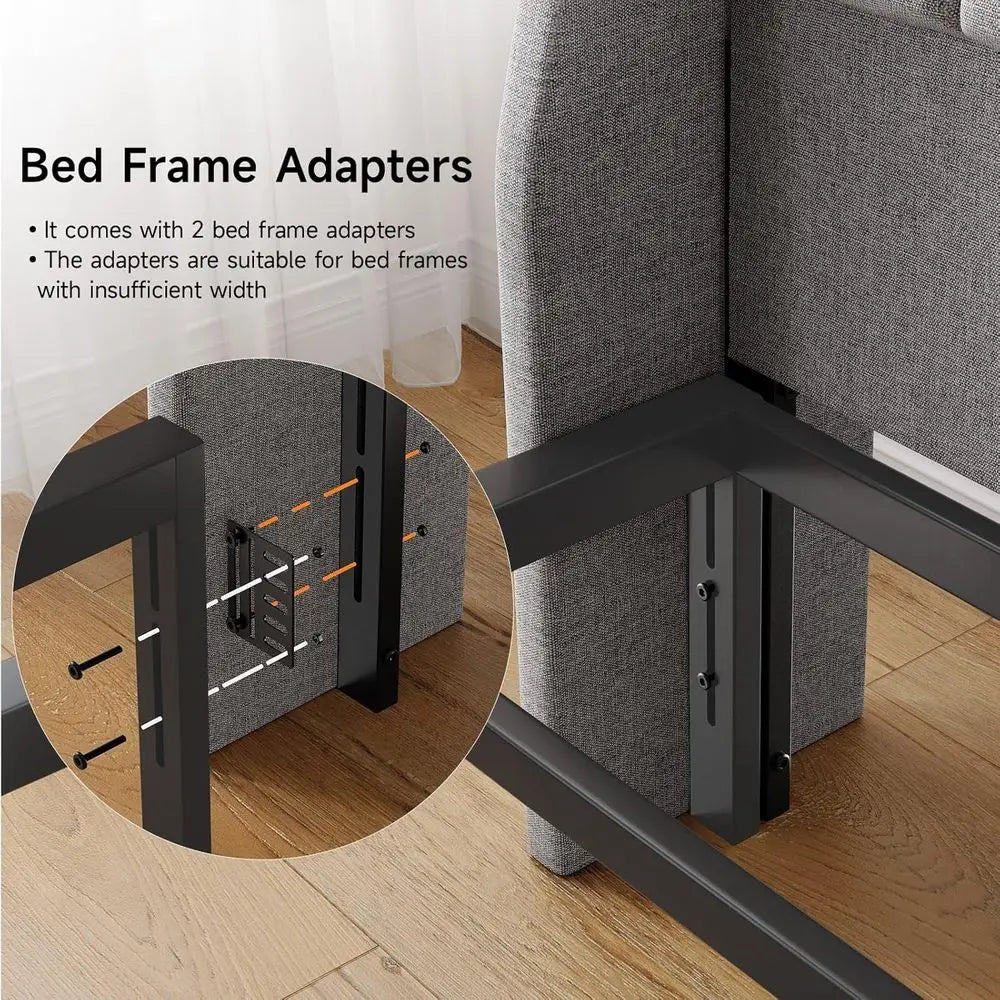 Queen Size Upholstered Bed with Charging Station, Linen Wingback Headboard, Storage, Solid Wood Bed Frame, Light Grey