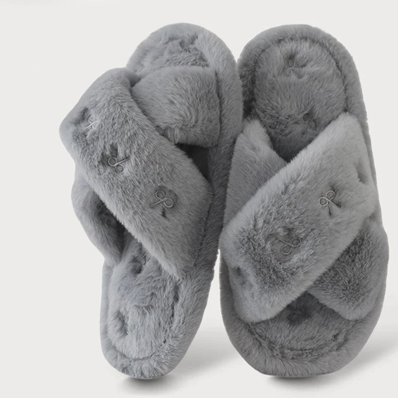 Bowknot Embroidery Plush Slippers Women Fashion Cross Strap Indoor Cotton Slides Woman Flat Heel Home Furry Slippers Mujer