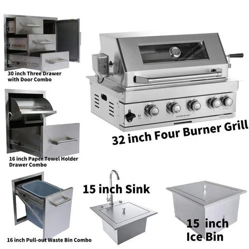 32" LPG Gas Grill 60000 BTU, 4 Burner Grill with Infrared Rear Burner, Stainless Steel Sink & Ice Bin Combo, Outdoor Kitchen