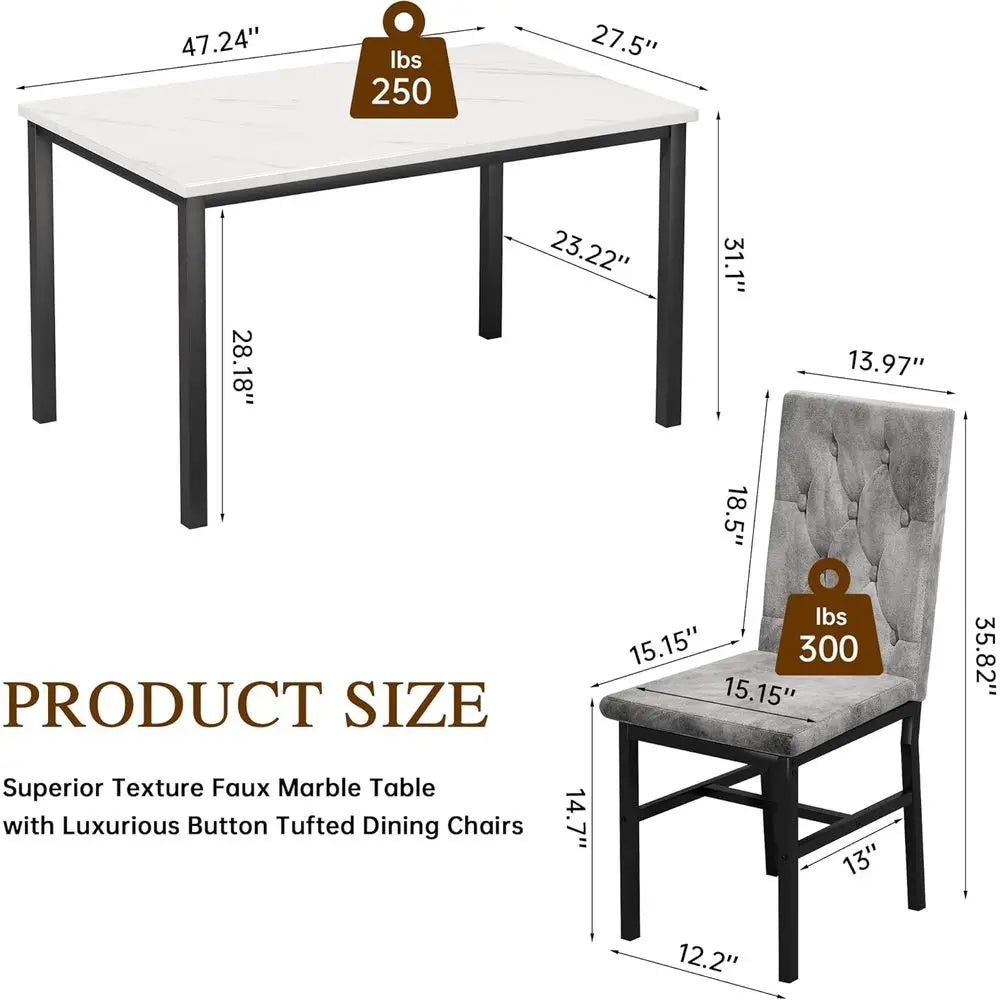 4-Piece Marble Top Dining Set with Elegant Button-Tufted Chairs