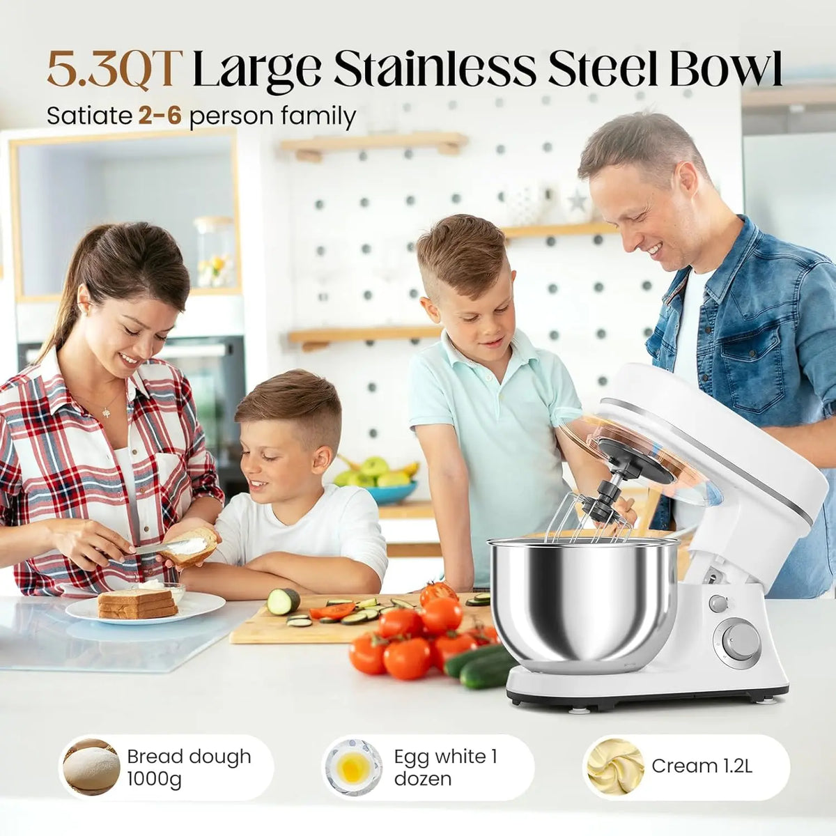 800W Electric Stand Mixer with 5.3QT Bowl, 6-Speed Control, Dough Hook, Whisk, Beater for Baking