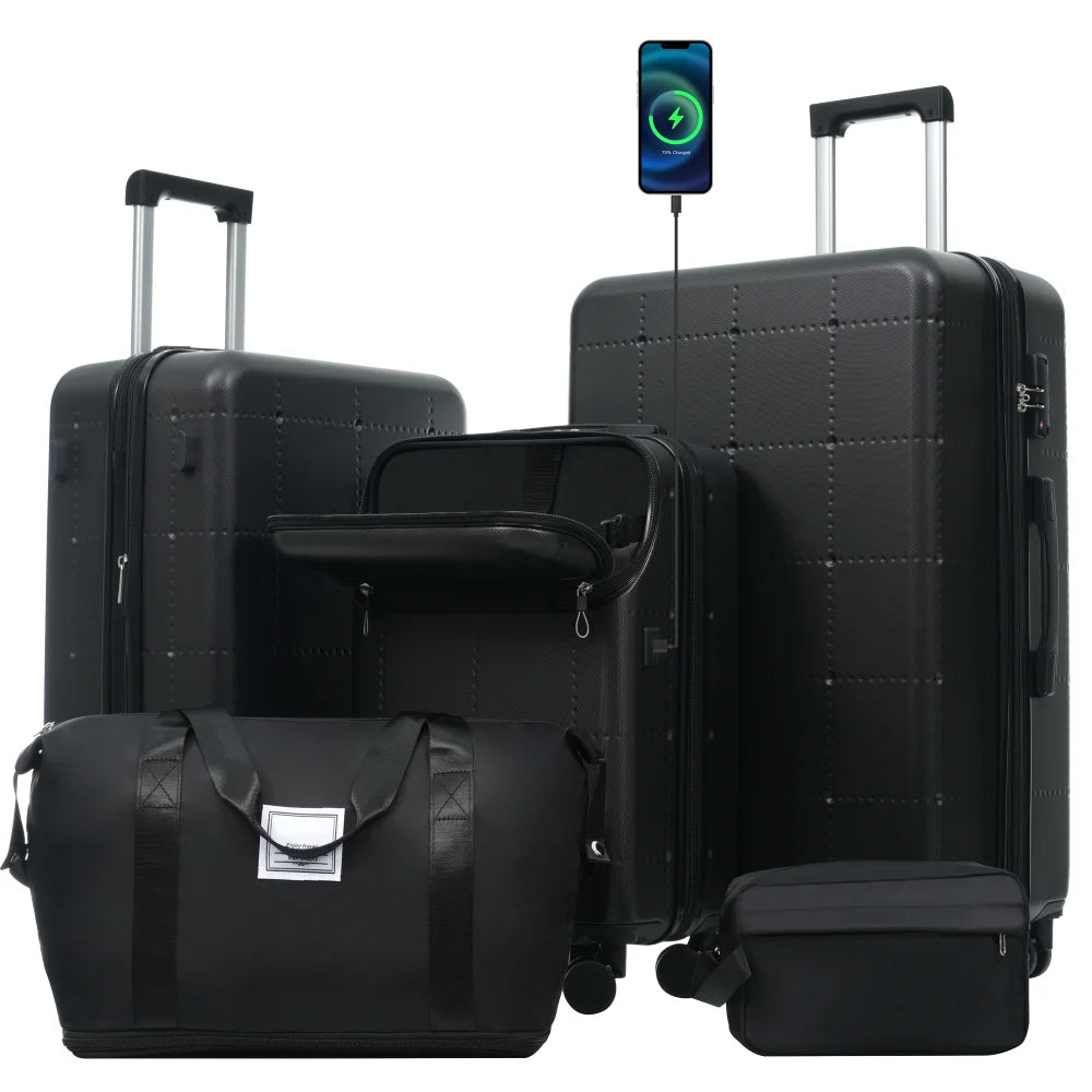 Hardside Luggage Set 5 Piece with Bags 20" Half-opening Carry on With USB Port Expandable 24"/28" Double Spinner Wheels TSA Lock