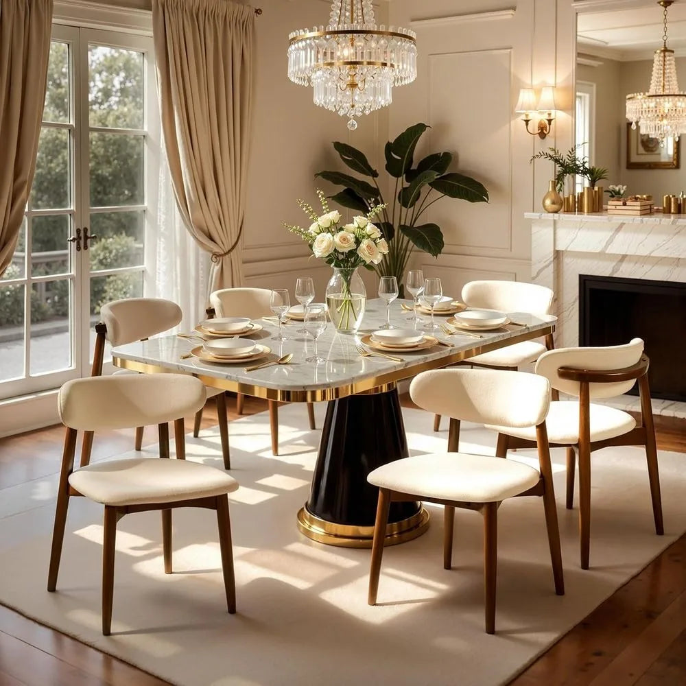 Set of 6 Upholstered Solid Wood Dining Chairs, Beige Fabric with Ergonomic Curved Back
