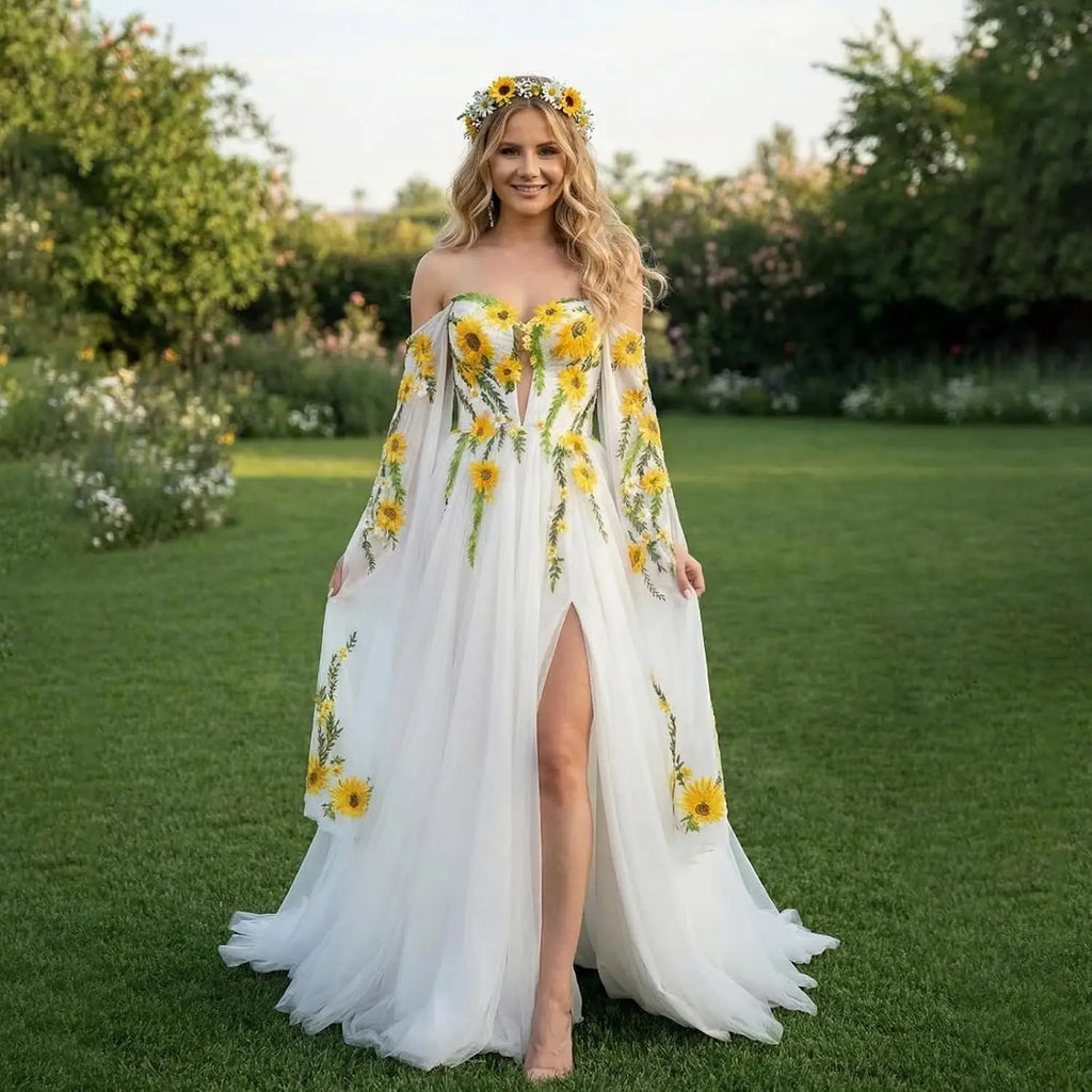 Off Shoulder Sunflower Embroidered Wedding Dresses for Women A-Line Chiffon Cape Sleeves Bohemian Bridal Gowns