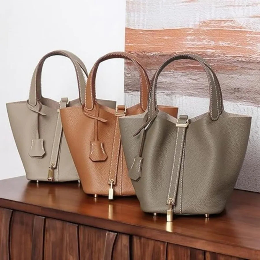 Genuine Leather Bucket Bag for Women: Lock Design Shoulder Handbag Versatile Top-Handle Tote Fashionable Vegetable Basket