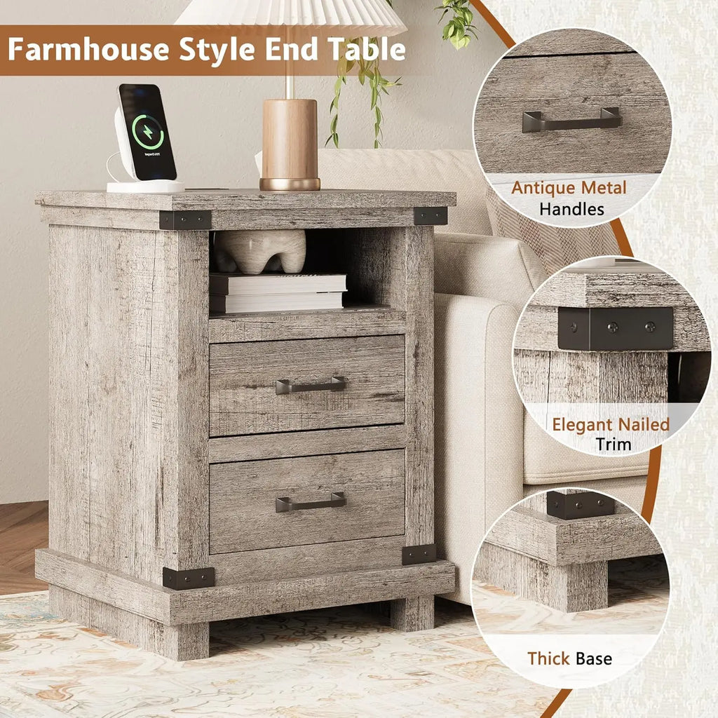 18" Wood Nightstand Set of 2 with Charging Station & 2 Drawers for Bedroom Living Room Light Grey, Customized
