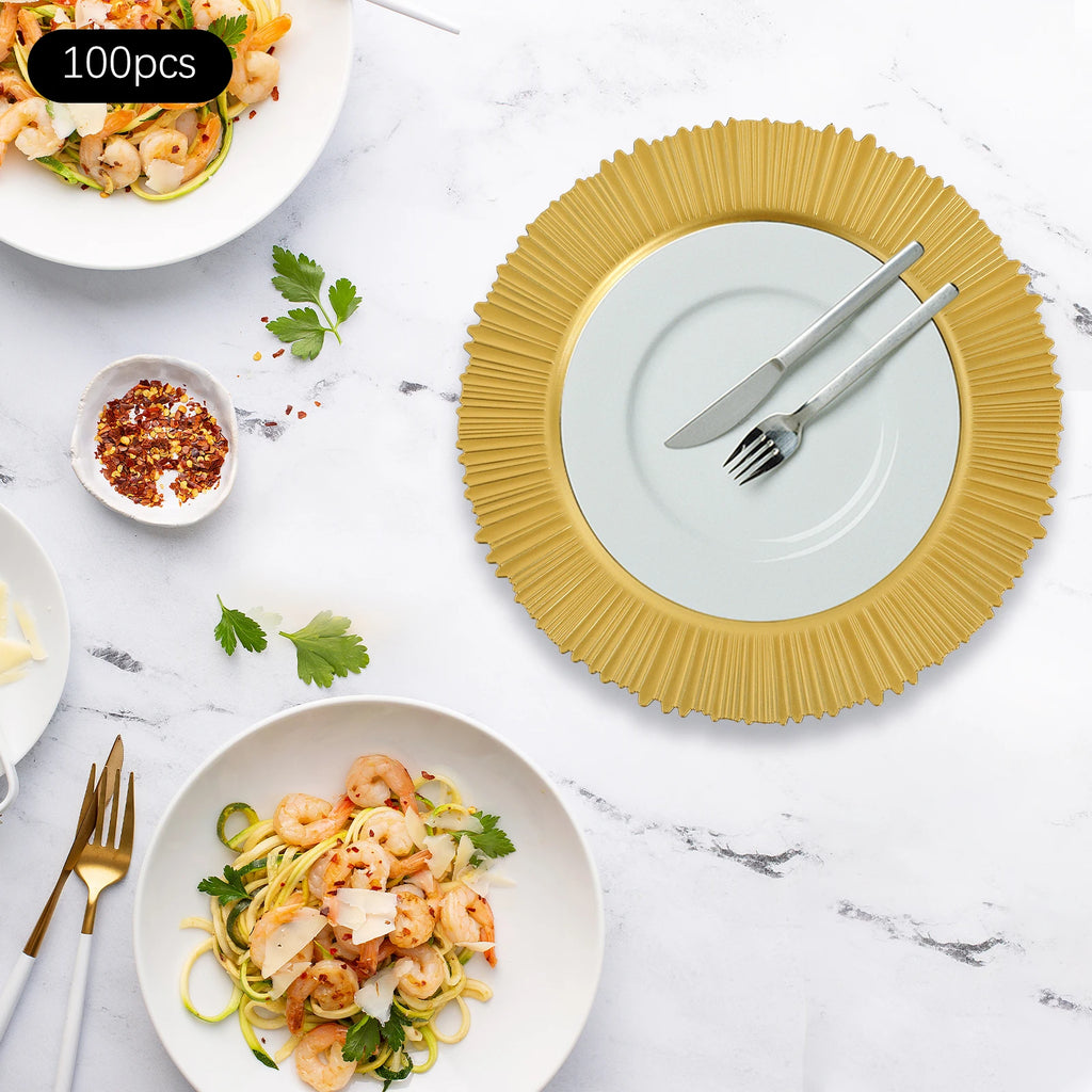 100Pcs PP Charger Plates Set,Gold Round Charger Plates Diameter 33cm for Wedding Party Baby Shower