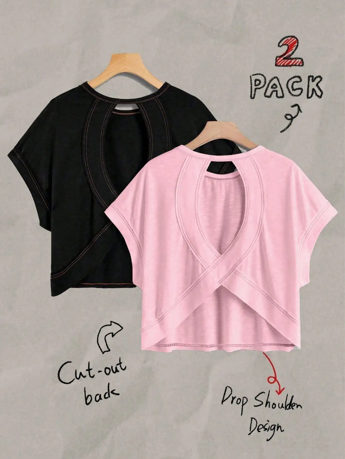2-Pack Women's Cropped T-Shirt Set with Cut-Out Back & Drop Shoulder Design