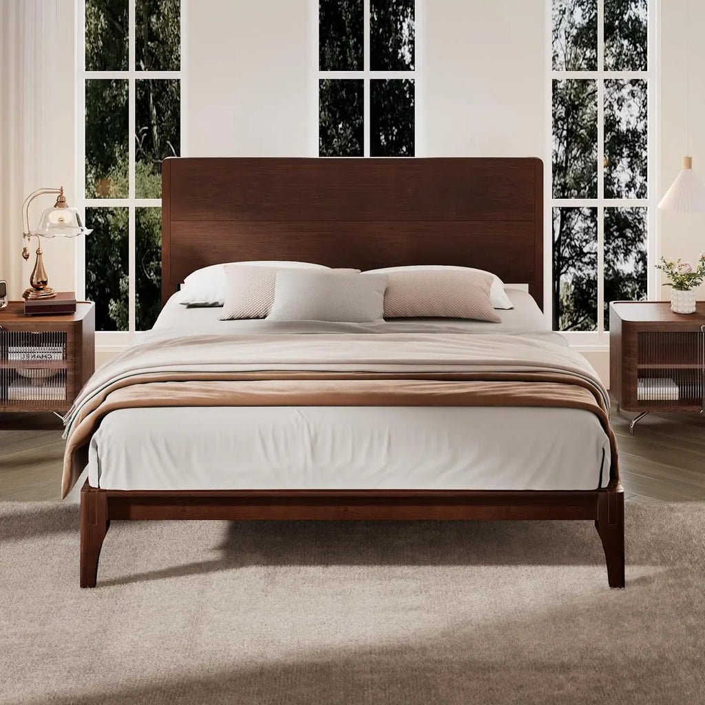 Mid Century Queen Size Bed Frame with Headboard, Bamboo Wood Queen Platform Bed with Slat, Heavy Duty Steel Center, Customized