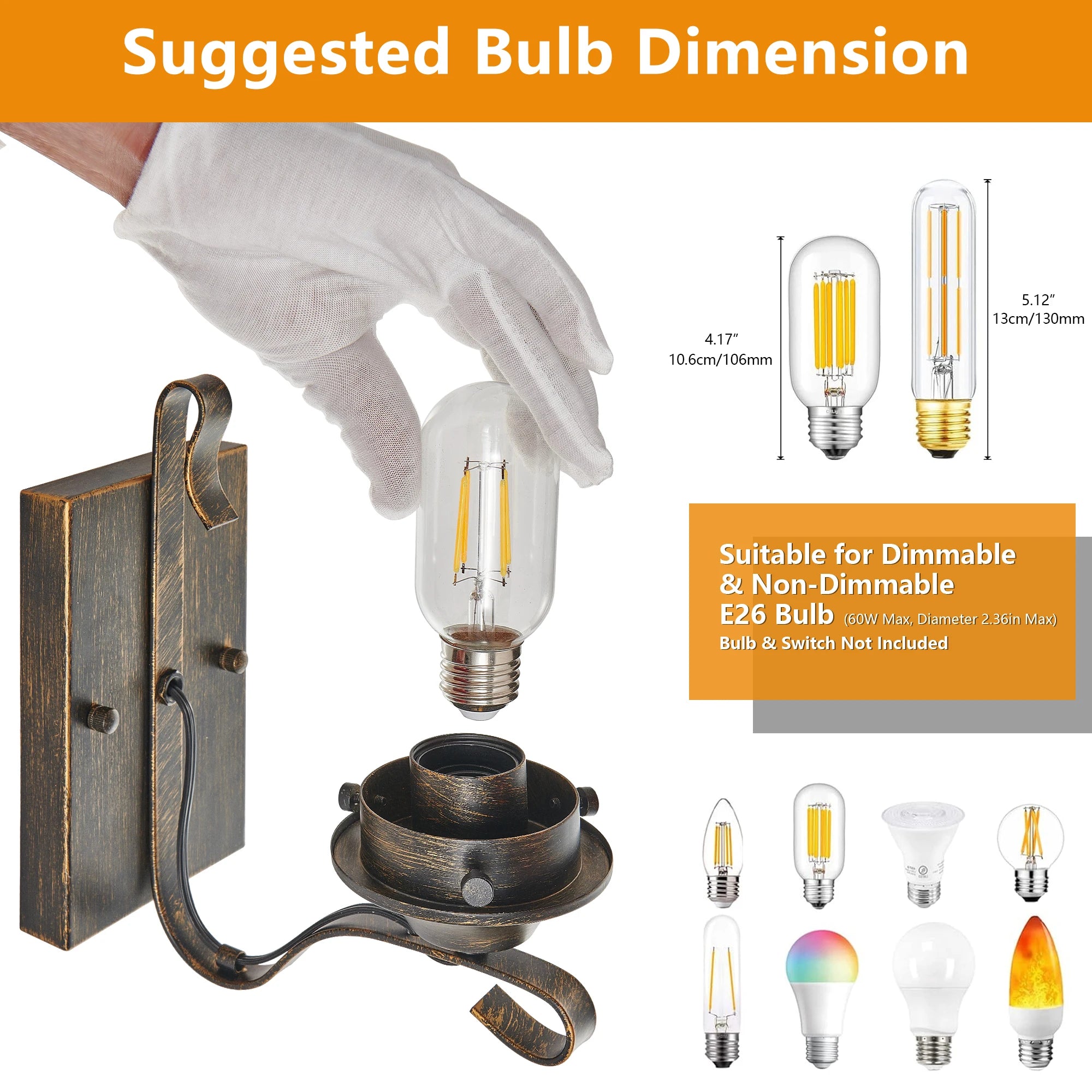 2PCS Vintage Industrial Wall Sconces Black Gold Finish Clear Glass Shade  E26 Base for Bedroom Living Room Hallway No Bulbs
