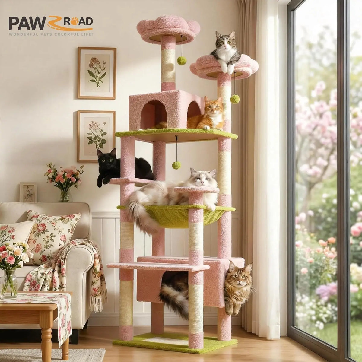 72-Inch Large Cat Tree with Steel Frame Hammock, 7 Scratching Posts, 2 Condos, Perches for Indoor Cats - Pink