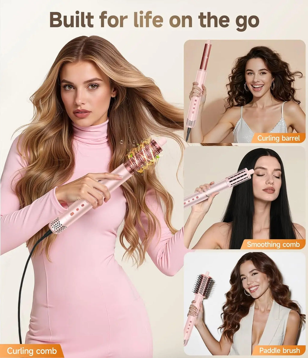 8-in-1 Foldable Hair Styler and Dryer with Ionic Technology for Fast Drying, Curling, Straightening in Pink