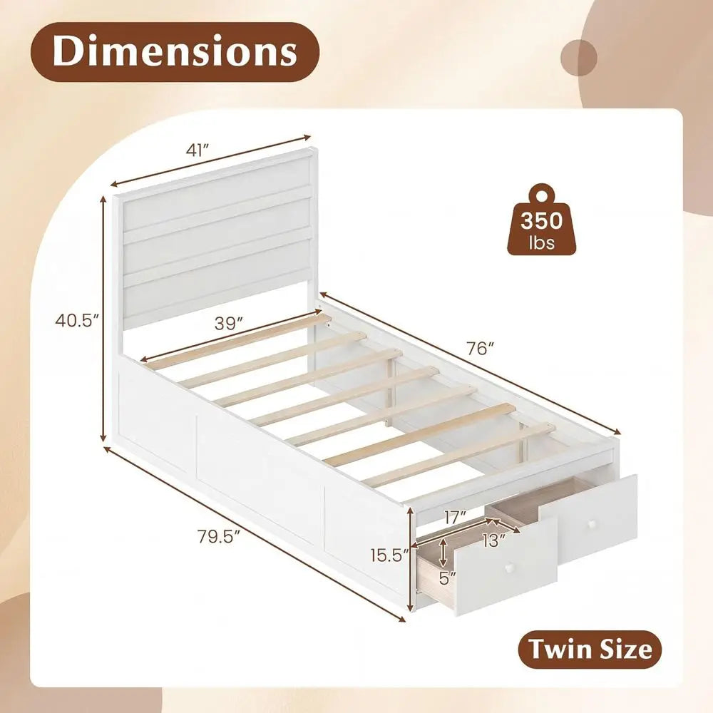 White Twin Bed with Storage Drawers, Wooden Platform Design, Solid Mattress Support and Enclosed Base, No Box Spring Required