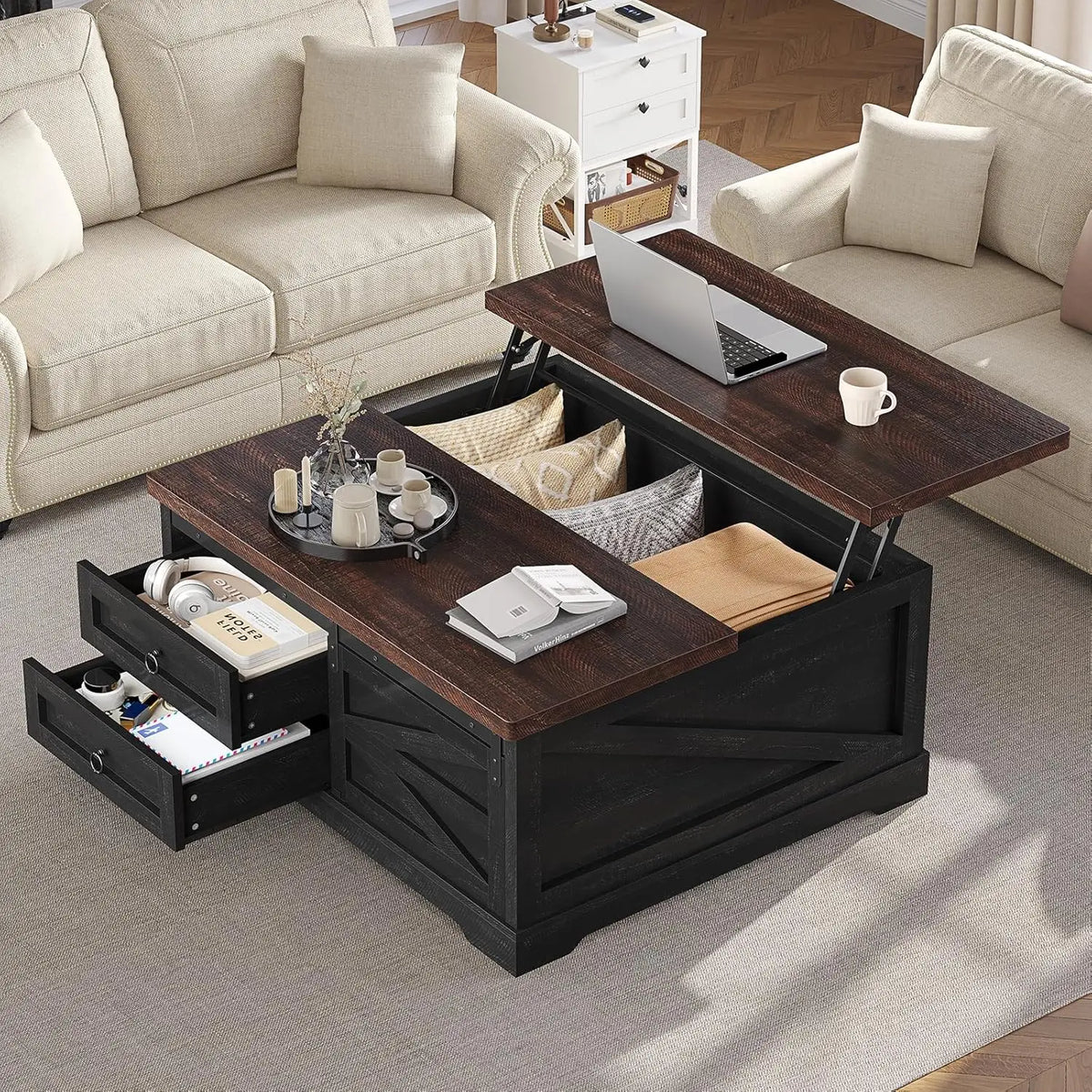 39.4in Lift Top Coffee Table Storage Hidden Compartment 2 Drawers Adjustable Shelf Living Room Gray Customized