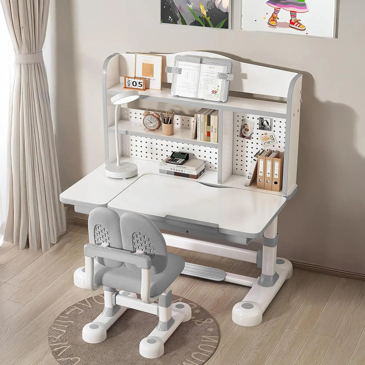 Height Adjustable Desk and Chair Set for Kids, Ergonomic Learning Desk with Tiltable Desktop Hand Crank Children's Study Table w