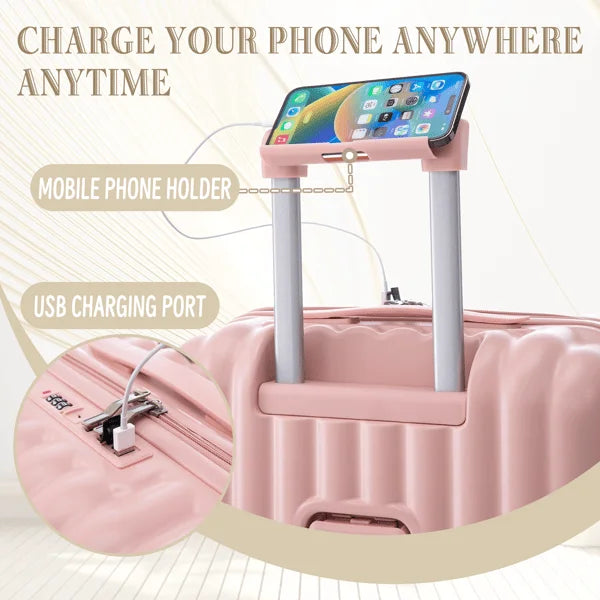 20 /24 /28  3 pcs/set in ABS Spinner Wheel Luggage, Carry on Suitcase, with Cup Holder & USB Port & Phone Holder (Pink) Upgraded
