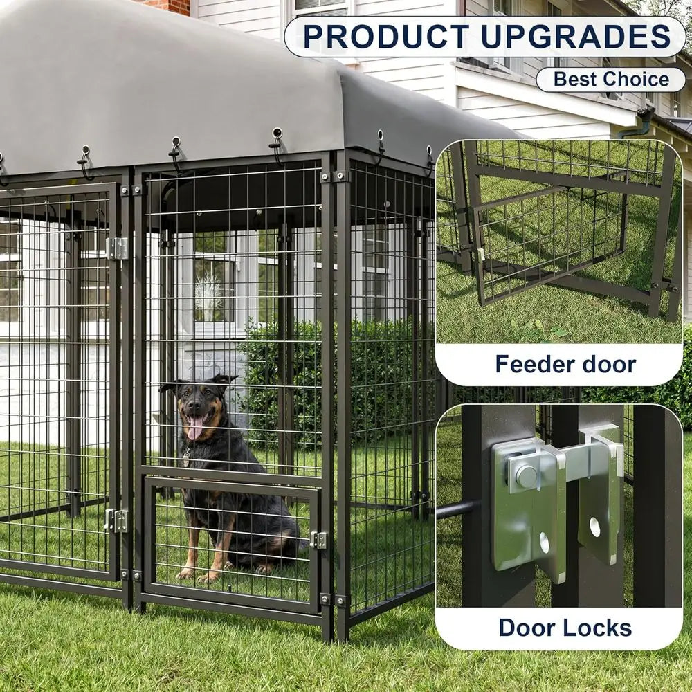 Large Outdoor Dog Kennel - 10x10 Heavy Duty Galvanized Steel Enclosure with Roof & Double Lock